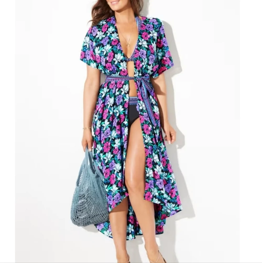 Swimsuits For All Chloe Tie-Front Swim Cover Up Duster Size 22/24 Floral Belted